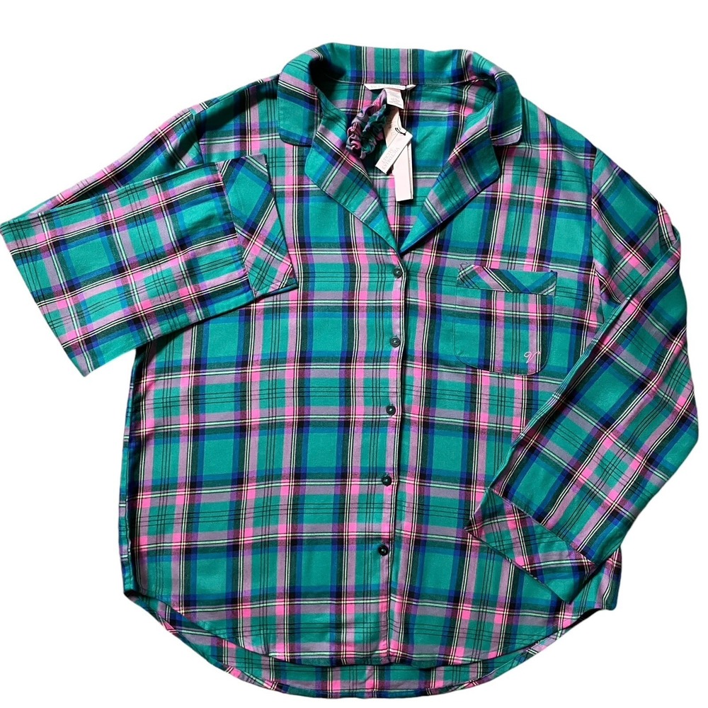 Victoria's Secret Pajama Shirt Size L & Hair Scrunchie Green Pink Plaid Flannel - Picture 10 of 10